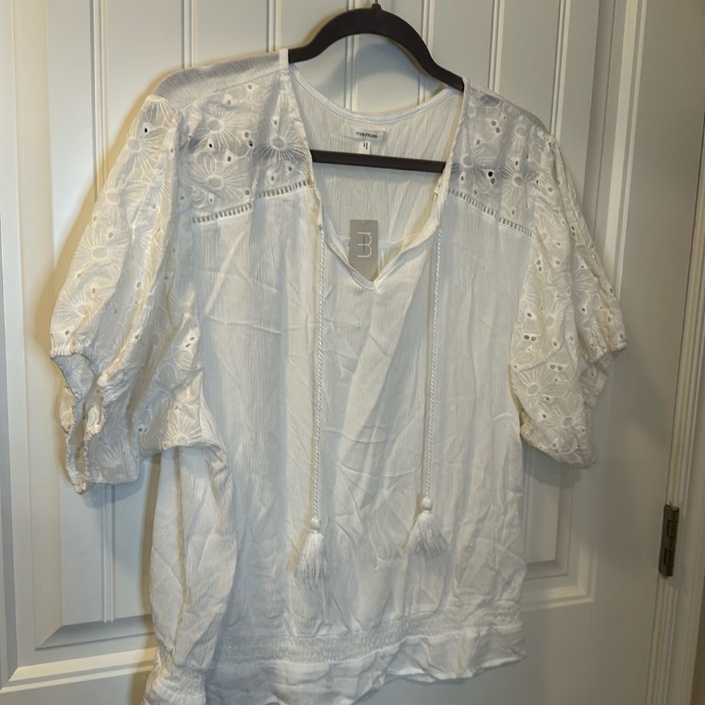 White Embroidered Puff Sleeve Peasant Top